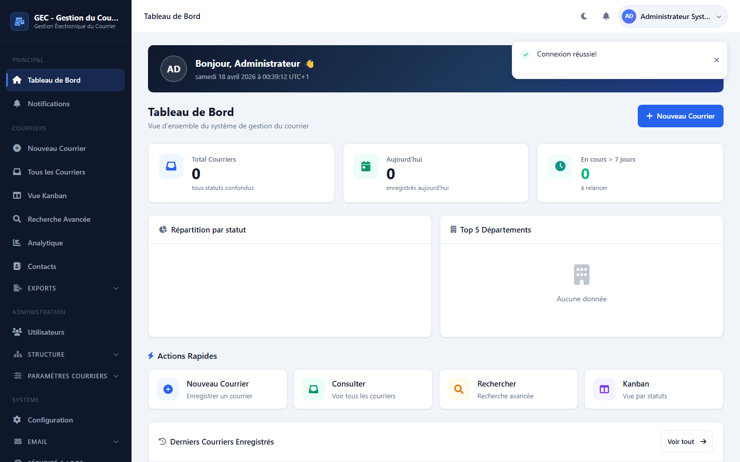 Tableau de bord du logiciel GED GEC — vue d'ensemble du courrier entrant et sortant