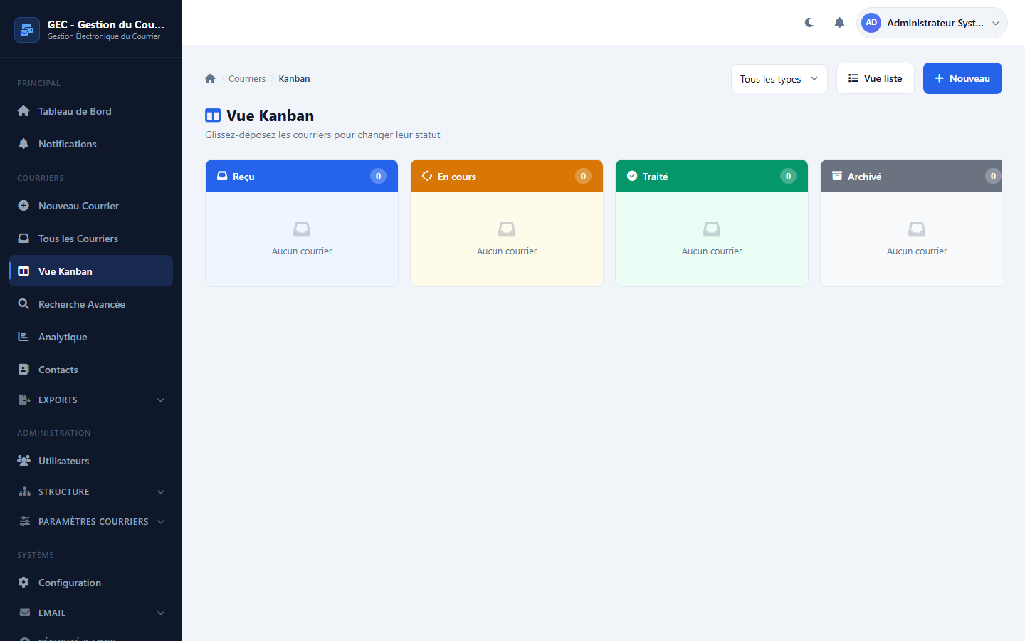 Vue Kanban GEC — suivi des courriers par statut de traitement