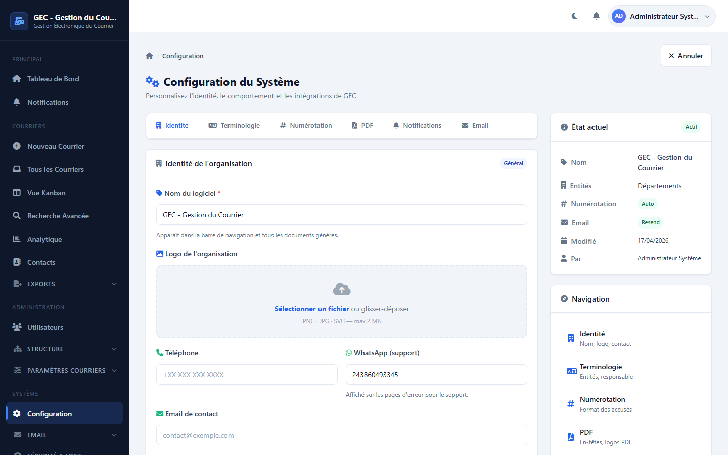 Paramètres de configuration du logiciel GED GEC